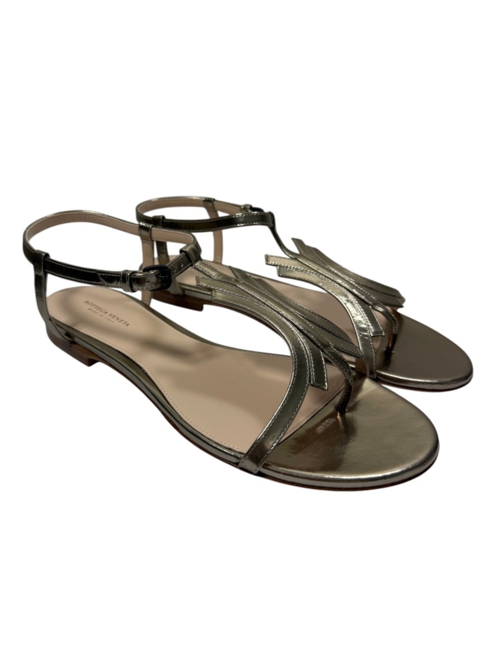 BOTTEGA VENETA Mirror Metal Shadow Gold Leather T-Strap Flat Sandals EU 39